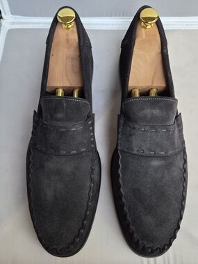 Santoni Hand Made Suede Penny Loafers Grey Moccasins